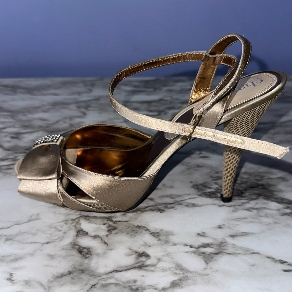 Charles David Formal Gold Heels with Rhinestone Bow Accents - Picture 12 of 13